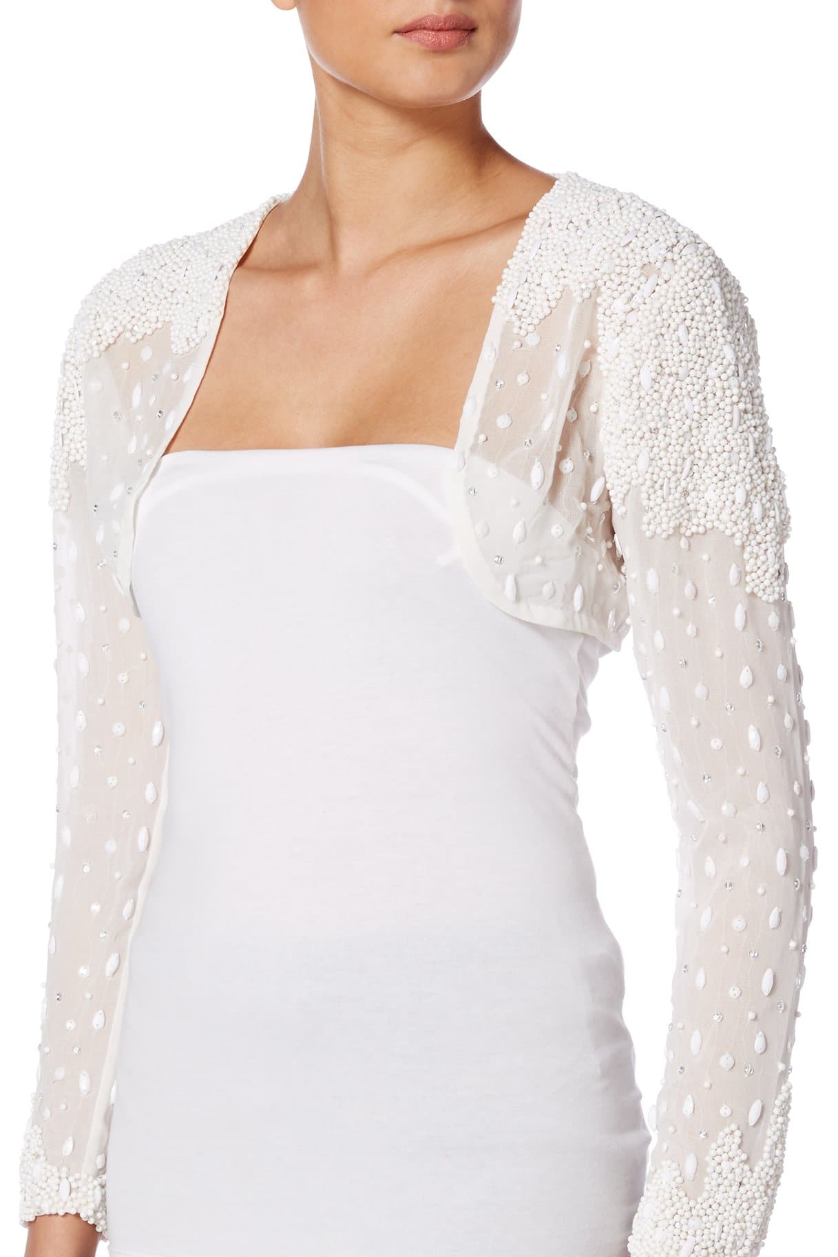 White Ivory Beaded Long Sleeved Bolero Raishma