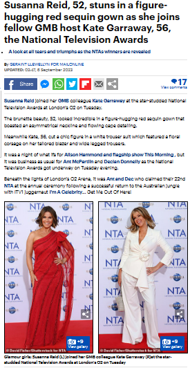 Daily Mail reports Susanna Reid wearing figure-hugging red sequinned Raishma gown