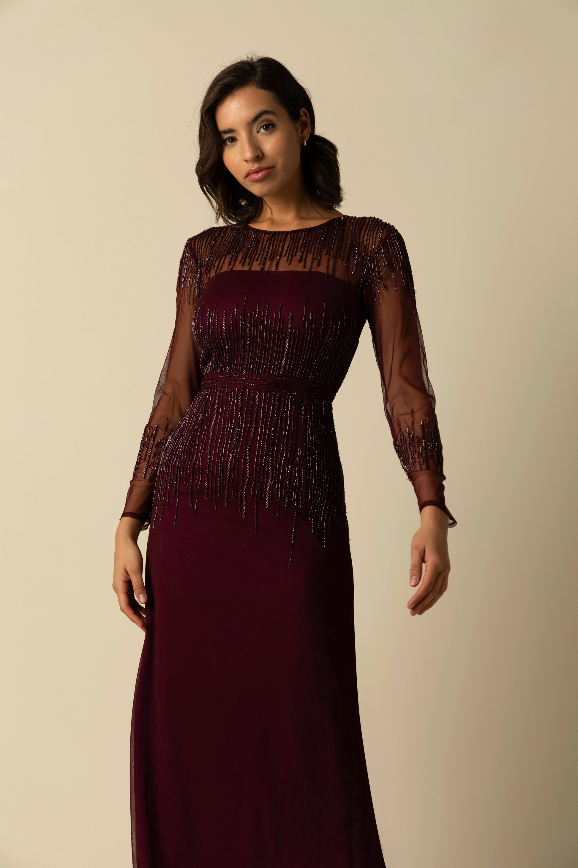 Red Sheer Long Sleeved Burgundy Laurel Gown Raishma Red Sheer Long Sleeved Burgundy Laurel Gown Raishma