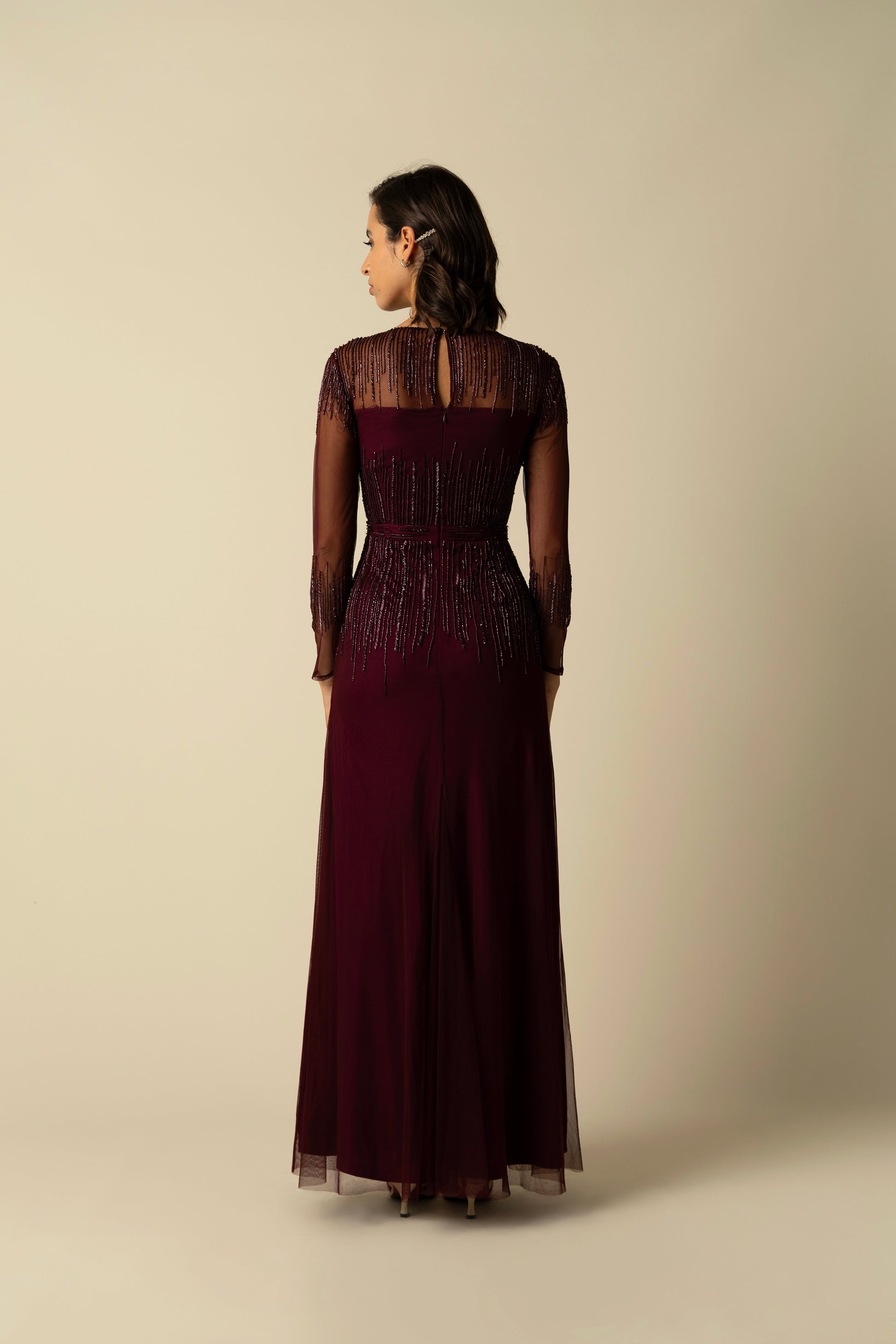 Red Sheer Long Sleeved Burgundy Laurel Gown Raishma Red Sheer Long Sleeved Burgundy Laurel Gown Raishma