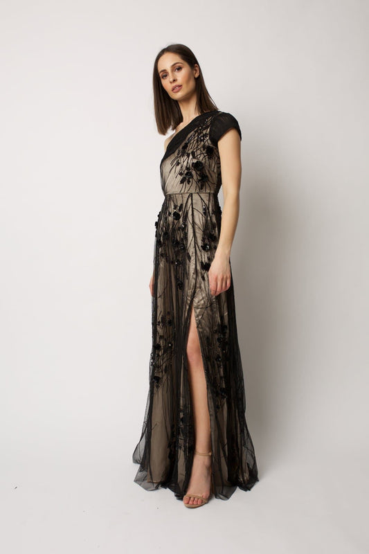 Black Alena Gownblack beaded maxi dress with a ruffle one shoulder sleeve