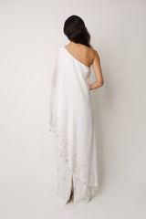 bridal dress with a waterfall-like drape sleeve 