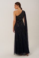 Navy Mila GownNavy Embroidered Maxi Gown with Draping Detail 