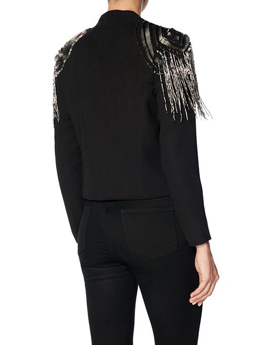 An edgy jacket featuring bold gunmetal embroidery on the shoulder caps