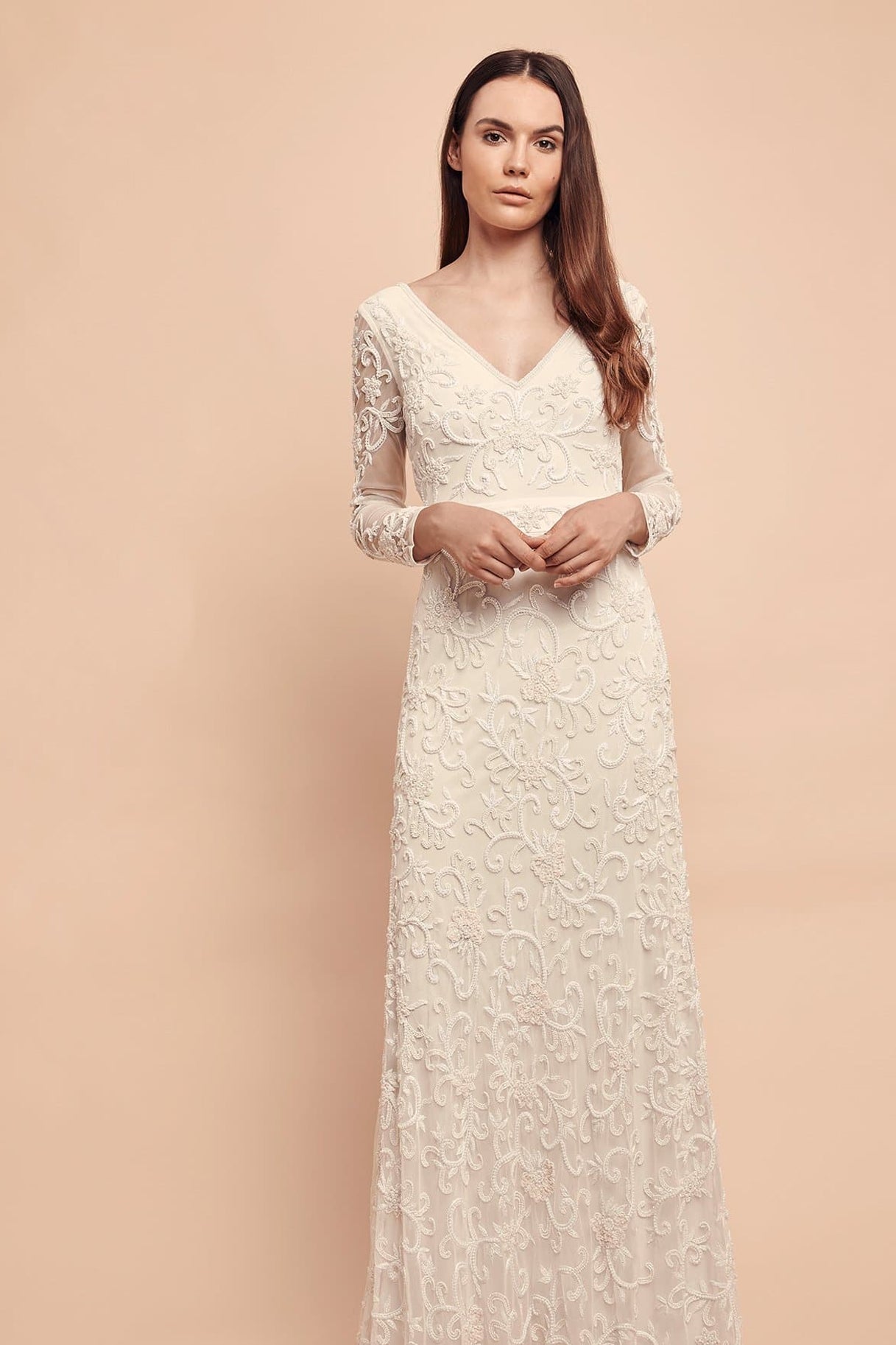 Long V neck White Bridal Gown 